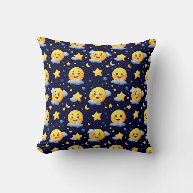 Almofada Lua Sorridente e Estrelas com Nuvens no Céu Noturn (Frente)