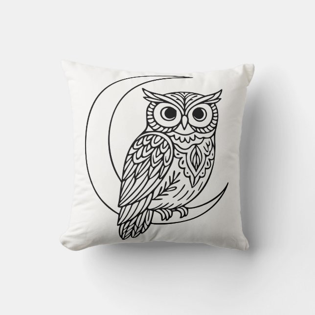 Almofada Luna Coruja Linha Arte com Lua Crescente (Frente)
