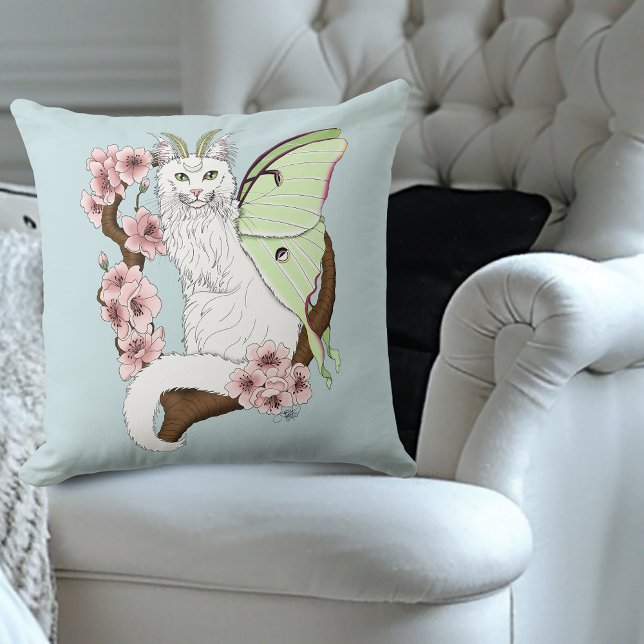 Almofada Luna Moth Moon White Cat Green (Criador carregado)
