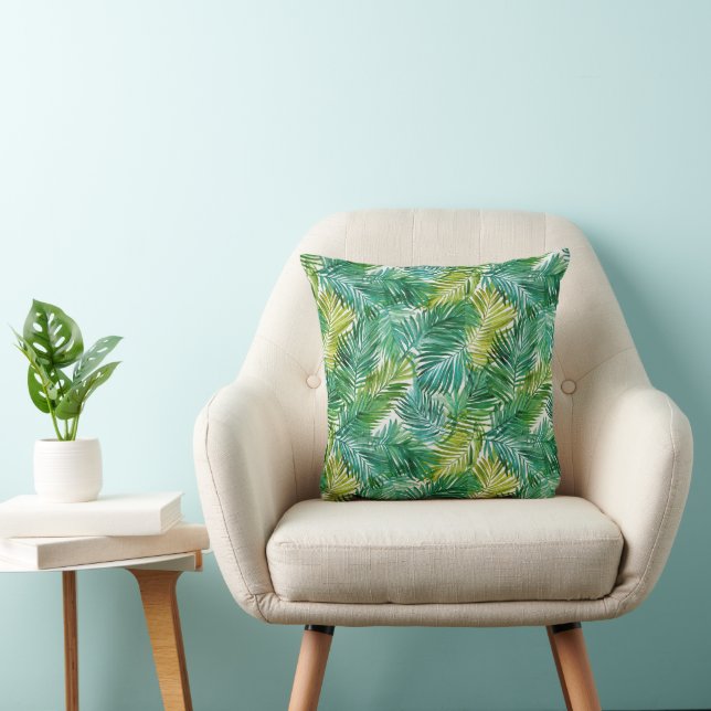Almofada Lush Tropical Island Green Palm Leaf Watercolor  (Cadeira)