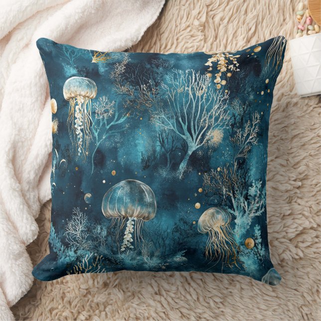 Almofada Lux Ocean Jellyfish & Coral Gold Pattern (2) (Cobertor)