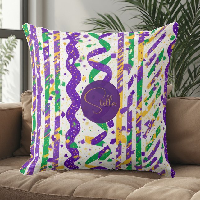 Almofada Luxe Mardi Gras Purple Gold Green Stripes Confetti (Luxe Mardi Gras Purple Gold Green Stripes Confetti Throw Pillow)