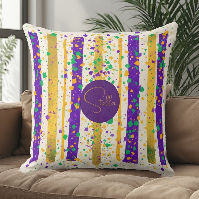 Almofada Luxo Mardi Gras Vibrante Faixa Roxa Dourada Verde (Luxury Mardi Gras Vibrant Purple Gold Green Stripe Throw Pillow)