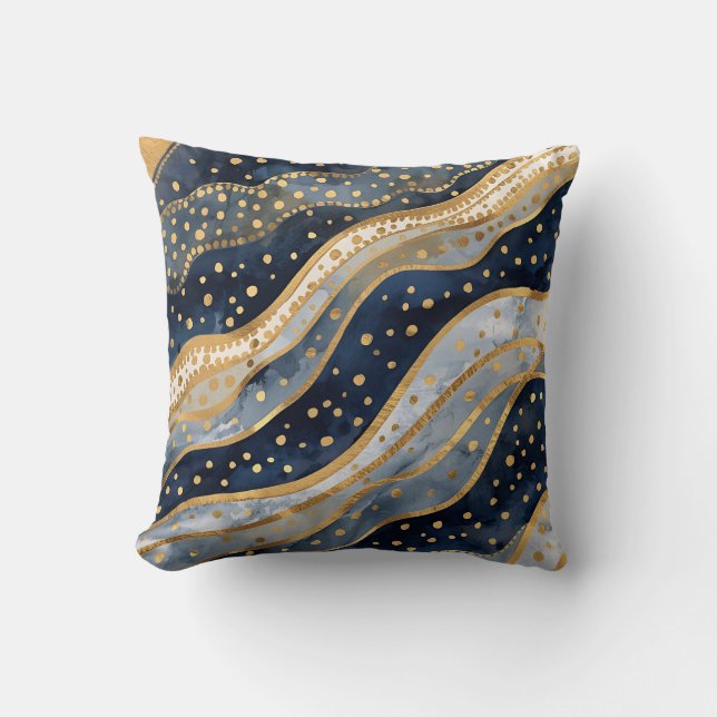Almofada Luxo, Moderno, Padrão Azul Dourado (Frente)