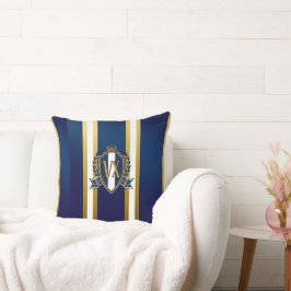 Almofada Luxuoso Azul e Branco Crista Monogramada Decorativ