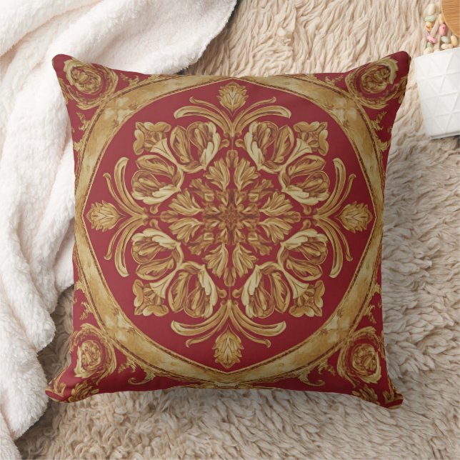 Almofada Luxurious Golden Red Ornate Accent Pillow for Sofa (Cobertor)