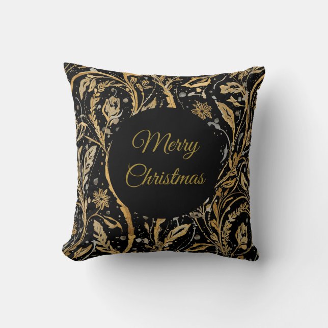 Almofada Luxury Black Gold Flowers Pattern, Merry Christmas (Frente)