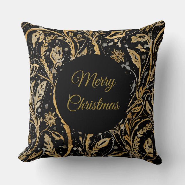 Almofada Luxury Black Gold Flowers Pattern, Merry Christmas (Frente)