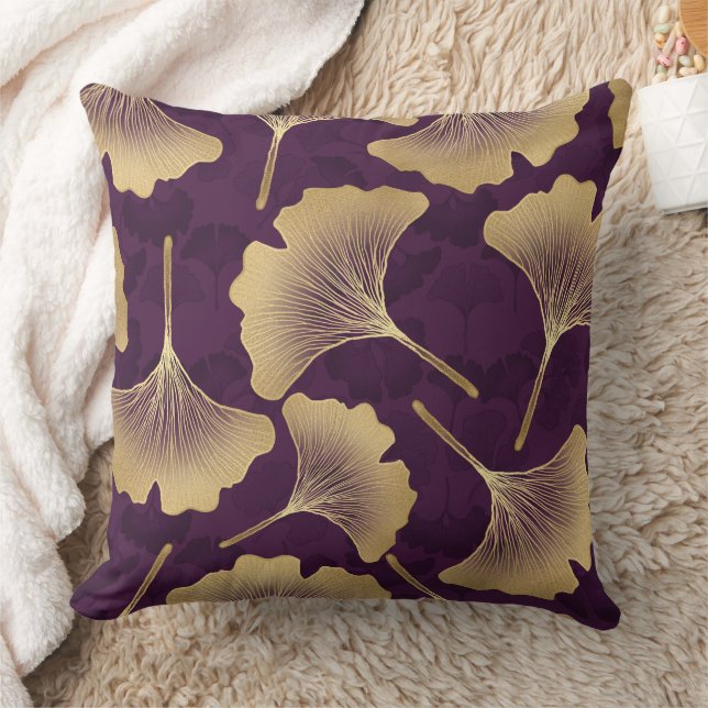 Almofada Luxury Gold Ginkgo Leaves on Deep Purple (8) (Cobertor)