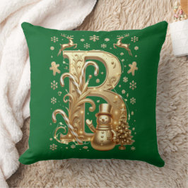 Almofada Luxury Gold Letter B Snowman Green Throw Pillow