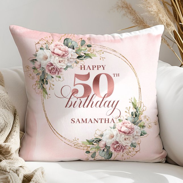 Almofada Luxury Rose Gold Floral Greenery 50th Birthday  (Luxury Rose Gold Floral Greenery 50th Birthday Pillow Gift)