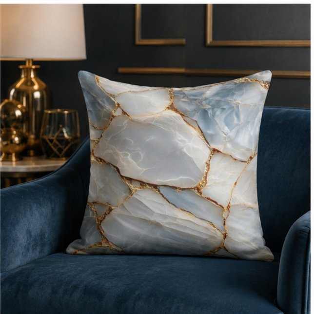 Almofada Luxury White Blue Marble & Gold Veins Agate Stone  (Criador carregado)
