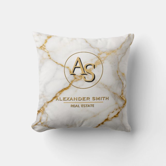 Almofada Luxury White Marble Gold Monogram Real Estate  (Frente)