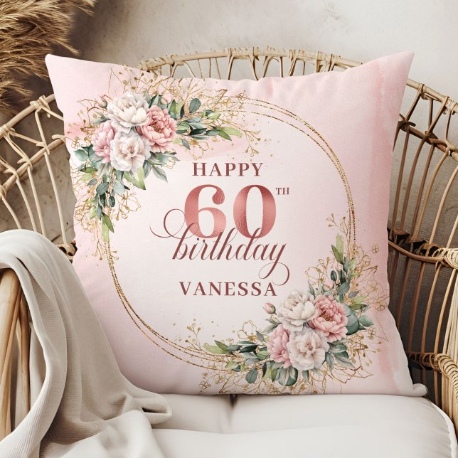 Almofada Luz Preciosa Rosa Boho Floral Presente 60º anivers (Precious Light Pink Boho Floral Gift 60th birthday pillow)