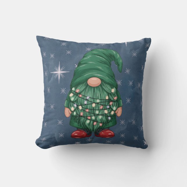 Almofada Luzes de Natal do Gnomo Verde Aquarela (Frente)