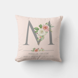 Almofada M Monograma Menina Estatísticas de Nascimento Co