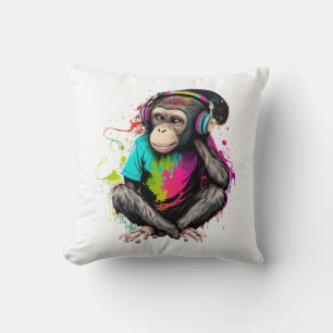 Almofada Macaco Bonito Ouvindo Música, Macaco Com Música Ob
