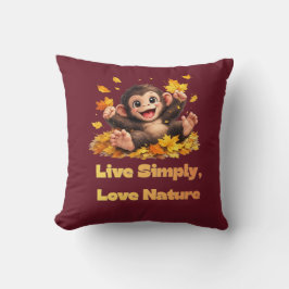 Almofada Macaco Fofo Feliz Brincando em Folhas de Outono Ca