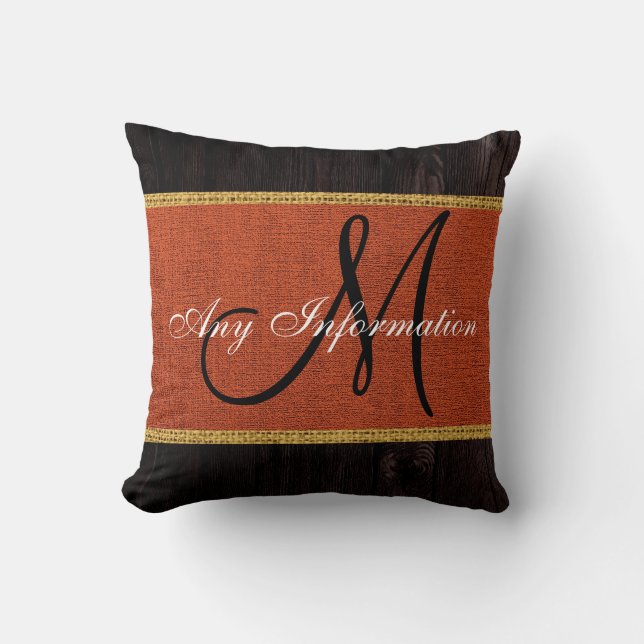 Almofada Madeira Parece Dark Laranja Burlap Rustic Monogram (Frente)