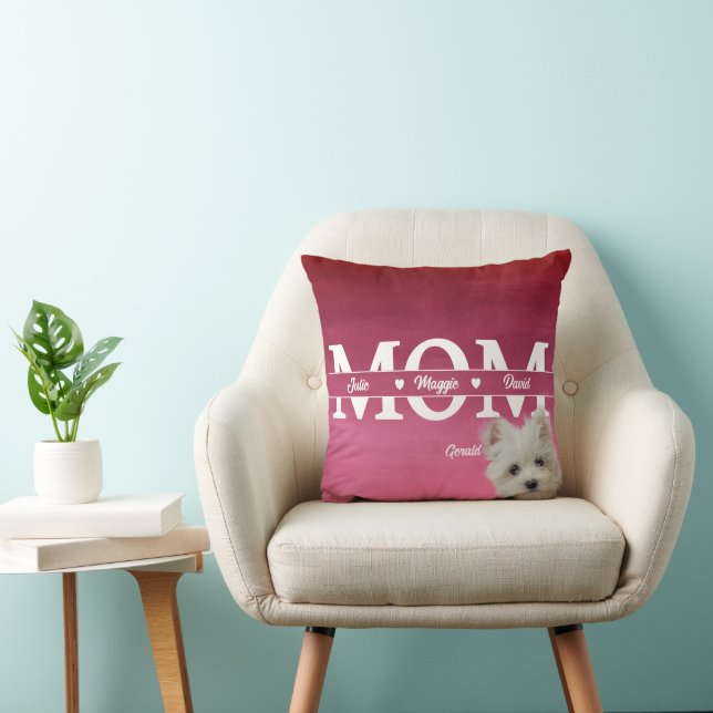 Almofada Mãe personalizada moderna, três nomes e cachorro (Cadeira)