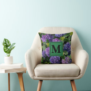 Almofada Magenta púrpura Azul Monograma de Hydrangeas