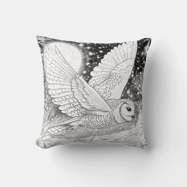 Almofada Magische Schnee-Eule im Flug unterm Sternenhimmel (Frente)