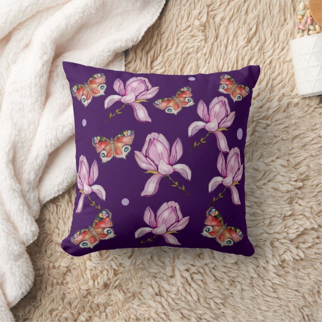Almofada Magnolia and butterflies, watercolor pattern (Cobertor)