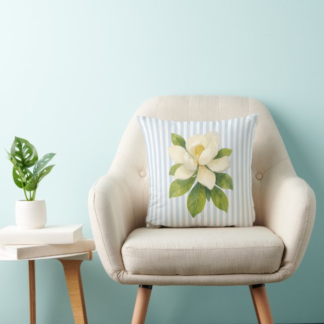 Almofada Magnolia Flower Painting Blue Stripe (Cadeira)