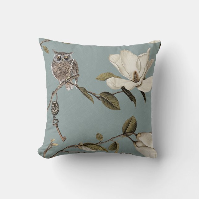 Almofada Magnolia Grove with Owls 02 Duck egg blue (Frente)
