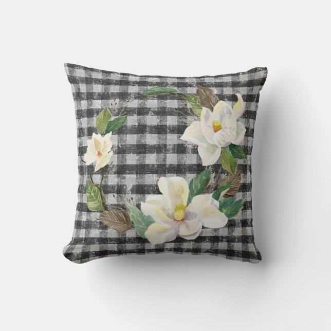 Almofada Magnolia Wreath Farmhouse Rústica Black White Chec (Frente)