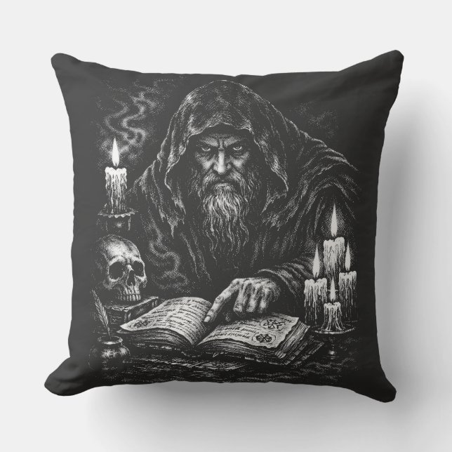 Almofada Mago Estudando o Grimório — por BurnsInHell (Frente)