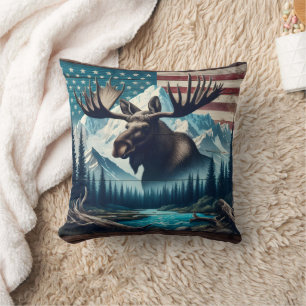 Almofada Maiestosa Moose Contra Montanhas e Bandeira Americ