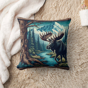 Almofada Maiestosa Moose por Rio na Paisagem de Montanha