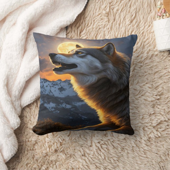 Almofada Majexpressa Wolf Howling no céu iluminado (Cobertor)