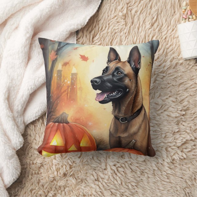 Almofada Malinoi Belga Halloween Com Pumpkins Assustado (Cobertor)