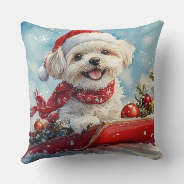 Almofada Malti Tzu Dog em Sledge Deixe-o nevar no Natal (Verso)