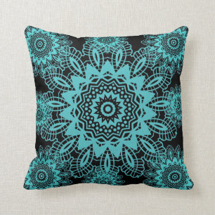Almofada Mandala azul e preta da cerceta do Doily do laço