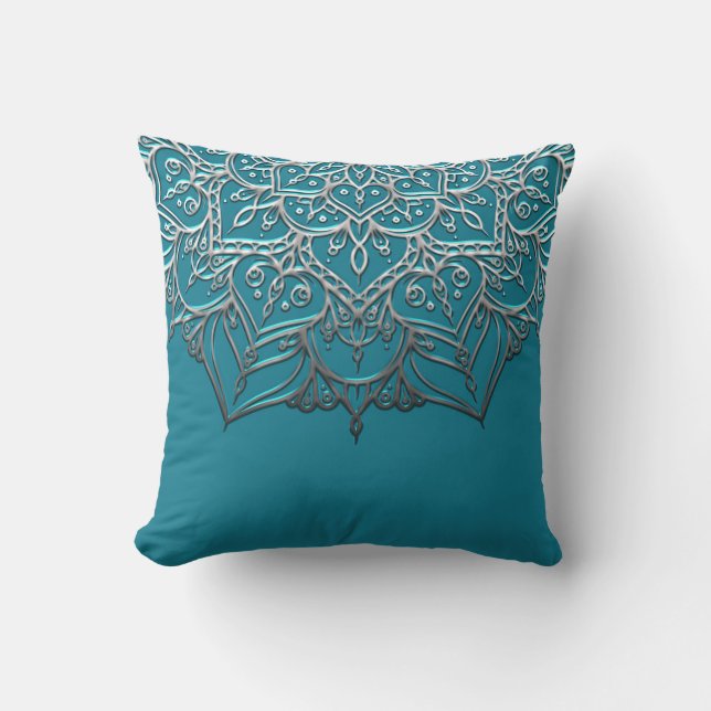 Almofada Mandala Azul Teal e Prata Elegante Minimal Marroqu (Frente)