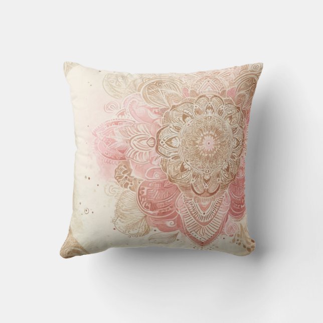 Almofada Mandala Boêmio Boho Rosa Marrom Creme Moda (Verso)
