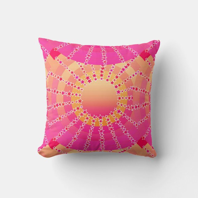 Almofada Mandala com estrelas - gradiente de cetim rosa e c (Frente)