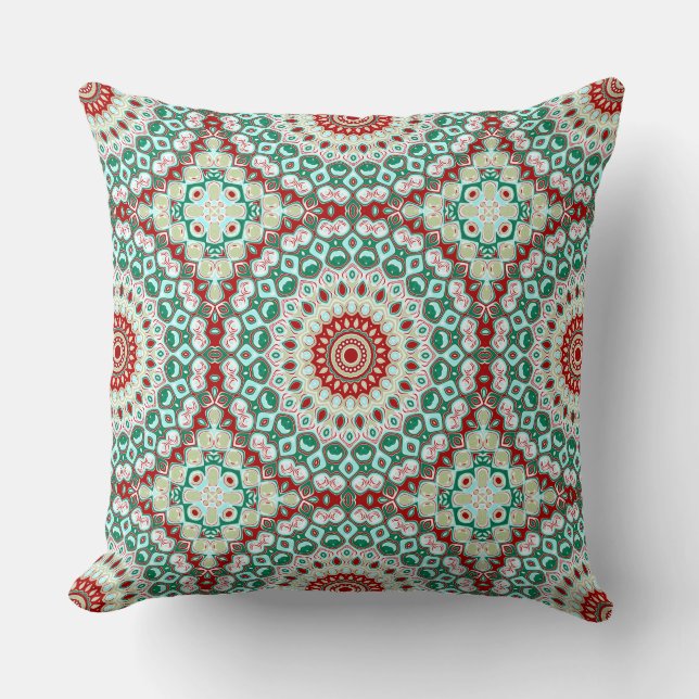 Almofada Mandala de Feriado em Vermelho, Verde e Branco de  (Frente)