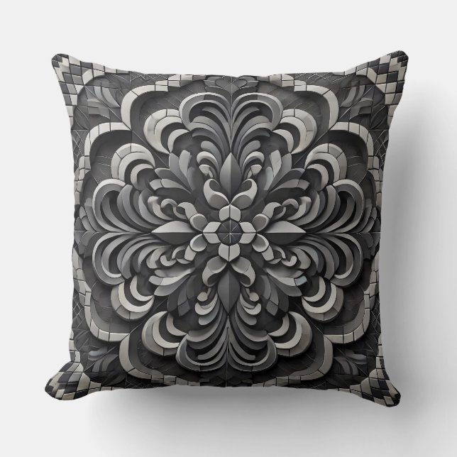 Almofada Mandala de Gradiente Negro: Arte Mosaica Profundo (Frente)