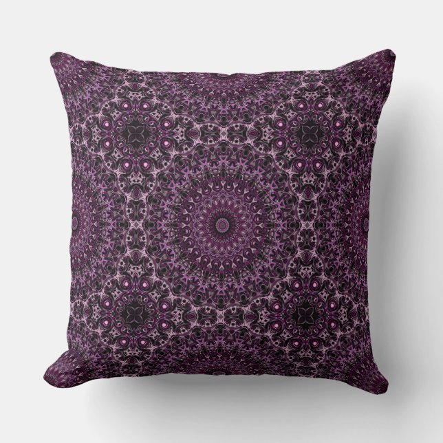 Almofada Mandala de Rosa Rosa e Preta com Geometria Floral (Frente)