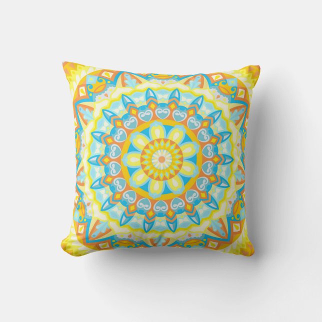 Almofada Mandala de Verão Amarelo Laranja Boho Floral (Frente)