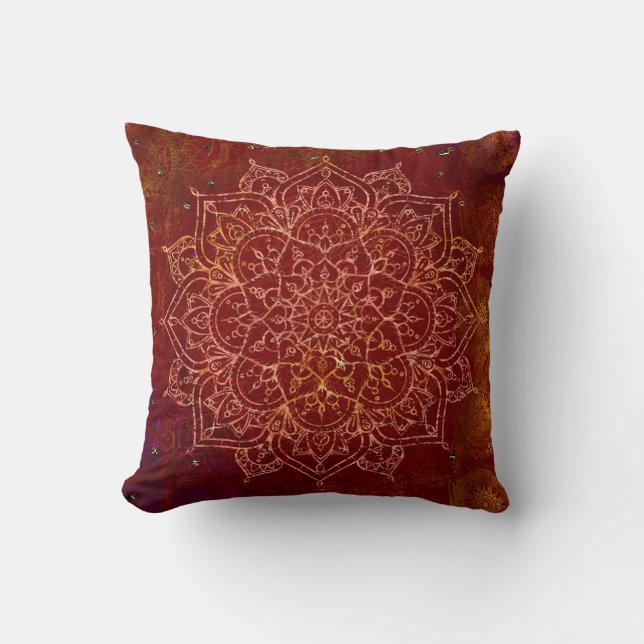 Almofada Mandala Dourado Glam Moderno Chic Vermelho Ferruge (Frente)