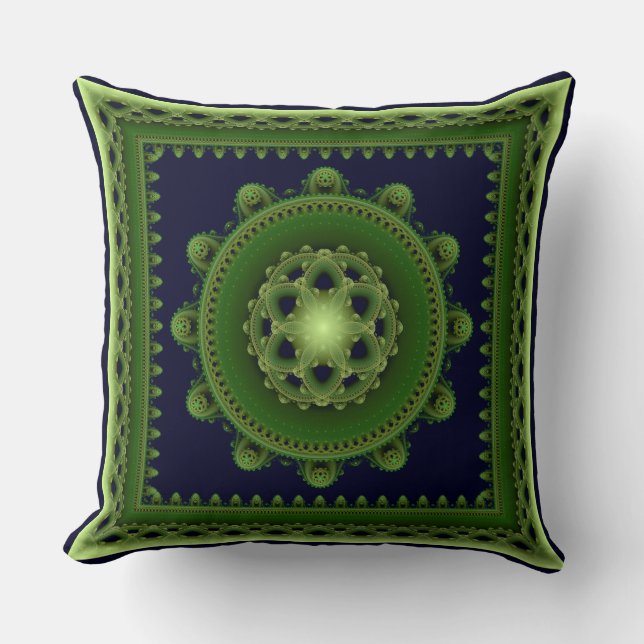 Almofada Mandala emoldurada fractal esplêndida verde (Frente)