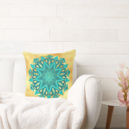 Almofada Mandala Estrela Azul Dourado em Fundo Dourado Suav