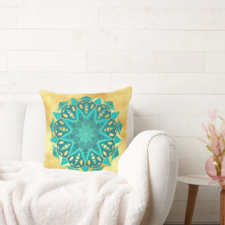 Almofada Mandala Estrela Azul Dourado em Fundo Dourado Suav