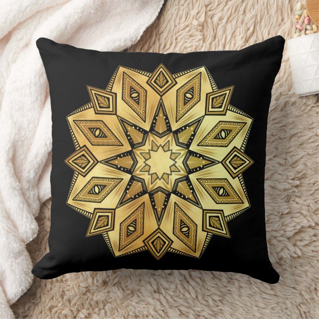 Almofada Mandala Estrela Dourada em Fundo Preto (Cobertor)