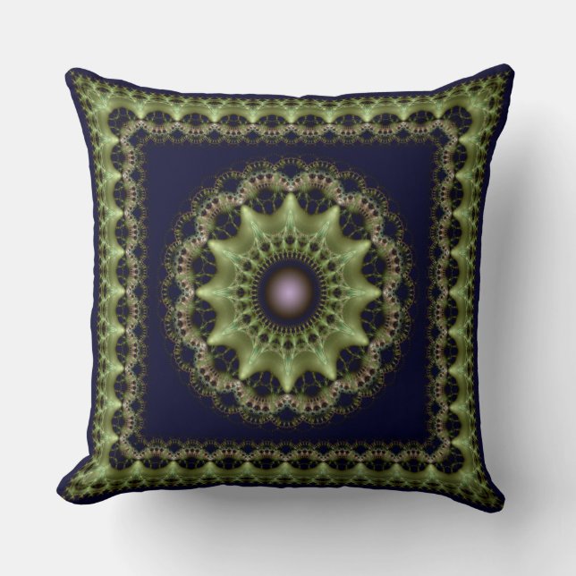 Almofada Mandalá fractal verde brilhante emoldurado (Frente)